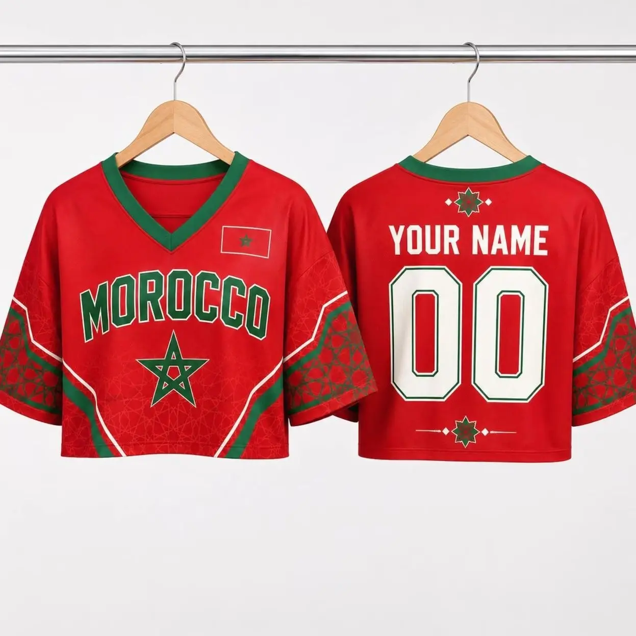 Women's Morocco Soccer Cropped Jersey - Custom Print Personalized Name & Number, Soft Oversized Fit Polyester, Short Sleeve, XS/2XL/3XL/4XL/5XL, Sports Collectible for Fans, Game Day