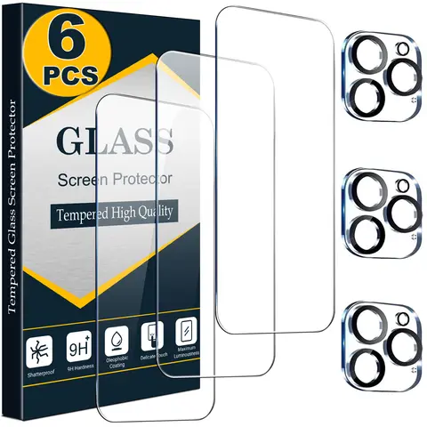 [6 Pcs Set] 3 Screen Protectors + 3 Camera Lens Protectors for iPhone 17 16 15 14 13 12 11 Pro Max, HD Tempered Glass Film, 9H Hardness, Bubble Free, Case Friendly
