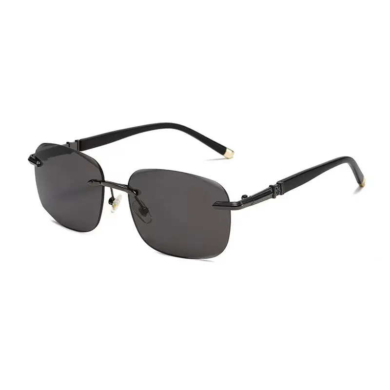 Men's Luxury Rimless Square Sunglasses - Black Metal Frame with Gold Details, Lightweight Polarized UV400 Dark Grey Lenses, Silicone-Enhanced Cut Edge All-Match Business Style, Exquisite Hinge Craft, Outdoor Use, Premium Gift Choice, Square Shape