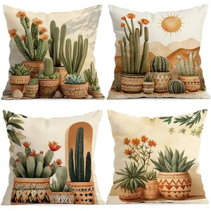 4pcs Bohemian Cactus Pattern Cushion Covers, Single-Sided Print, Home Decor for Living Room Bedroom, All-Season Use, No Insert Included