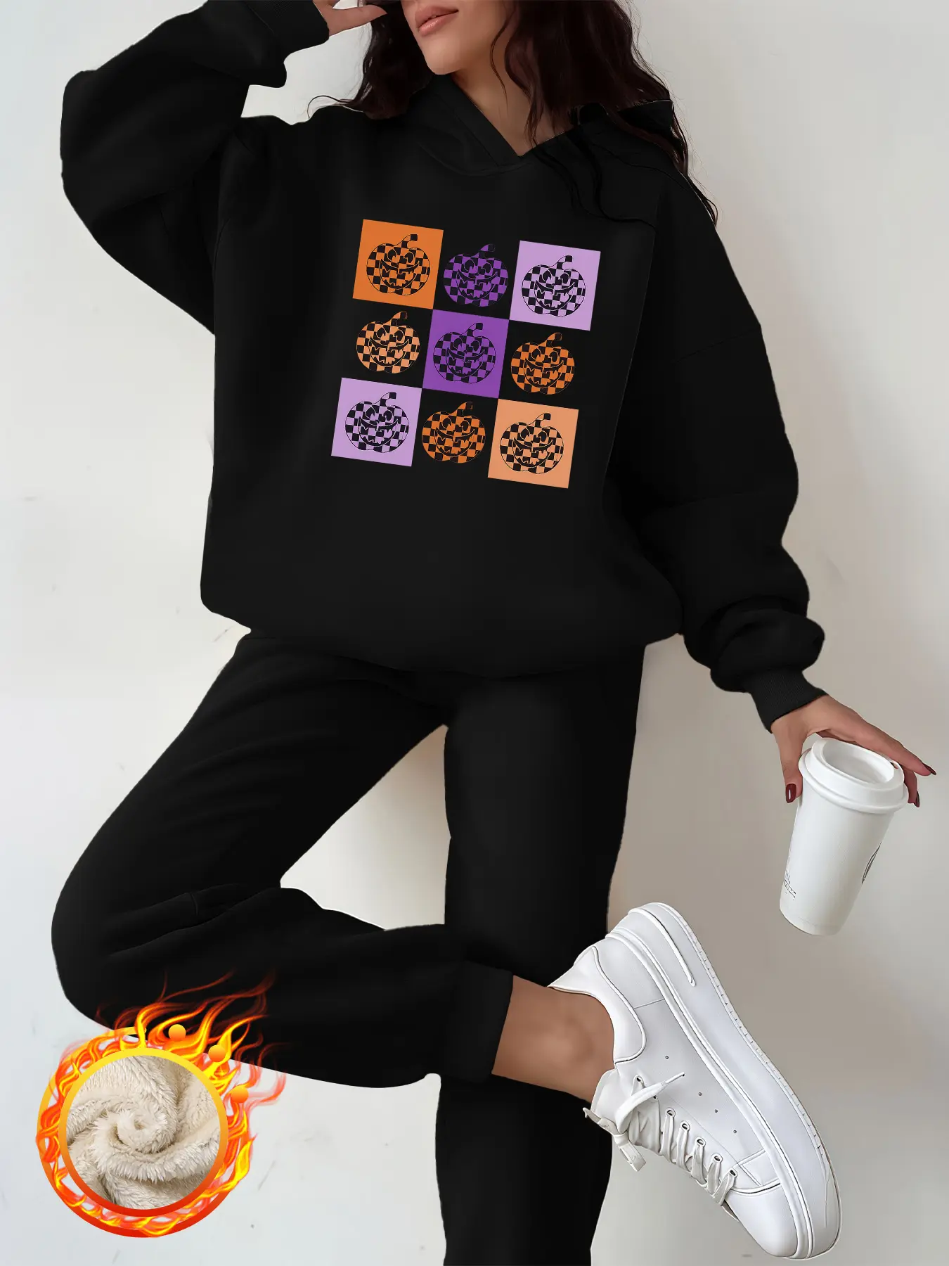 Women's Casual Hoodie Pants Set, Thick Plaid Pumpkin Halloween Print, Loose-Fit Fall & Winter, 2 Piece Set