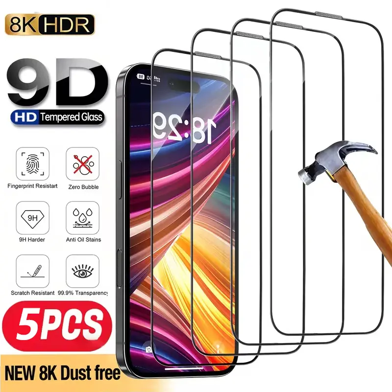 5pcs Ultra HD Tempered Glass Full Coverage Screen Protector Compatible with for iphone 17 Pro Max/17Pro/17Air/16Promax/16Pro/16/15Promax/15Pro/14Pro/14 6.1", 13/13Pro 6.1"/12/11/XS MAX/XR Series, Tough 9H+ Glass, Shatterproof, Anti Glare