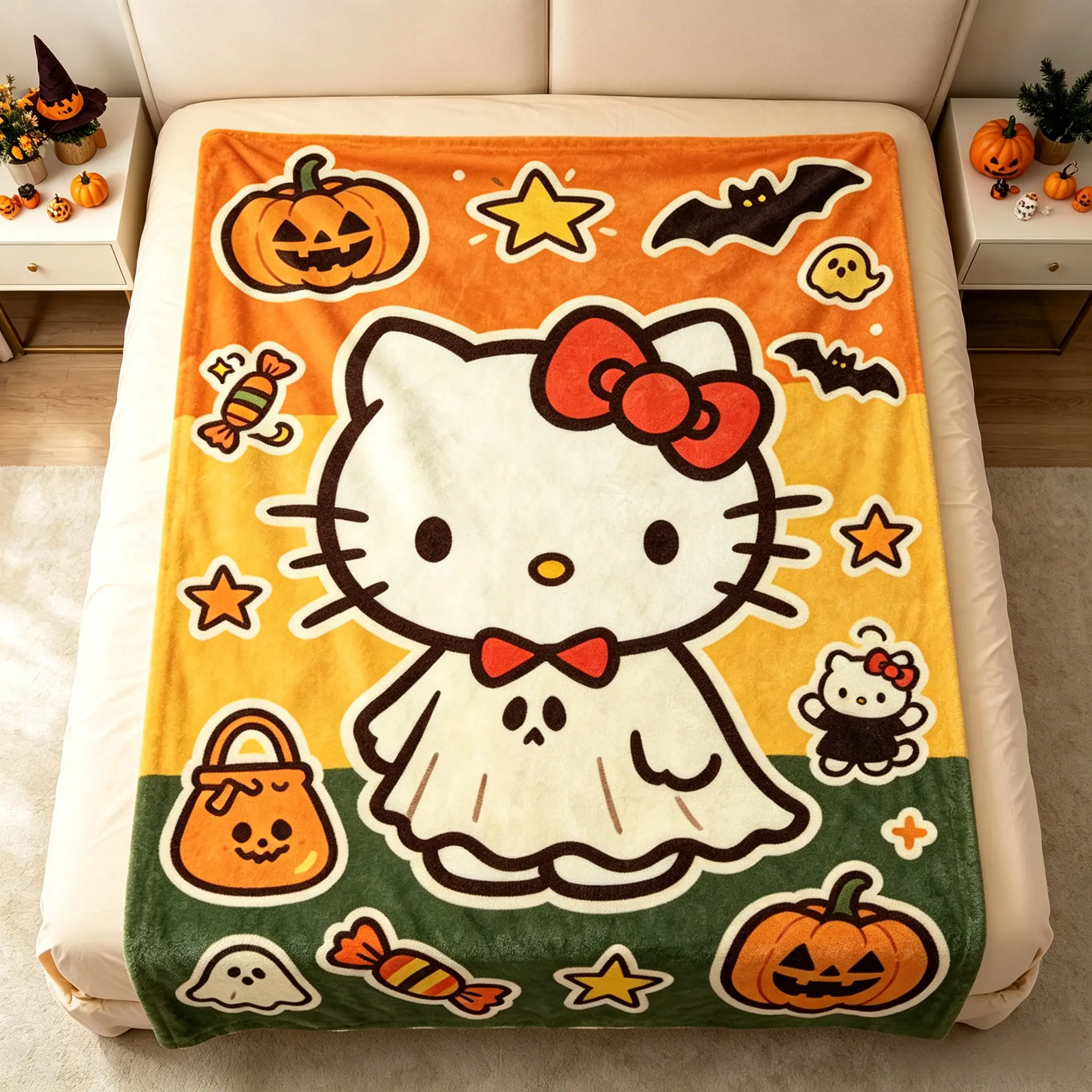 Sanrio Hello Kitty Halloween Whimsical Style Blanket, Four Sizes Soft Flannel Throw Blanket for Bedroom Sofa Holiday Decor Gift