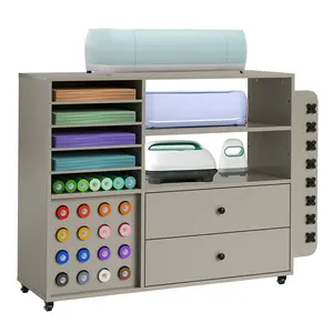 Home Rolling Craft Storage Cart for Handicrafts Machines, 2 Drawer Craft Table with Storage Shelves, Craft Cabinet Workstation with 24 Vinyl Roll Holders, for Living Room Craft-Studio