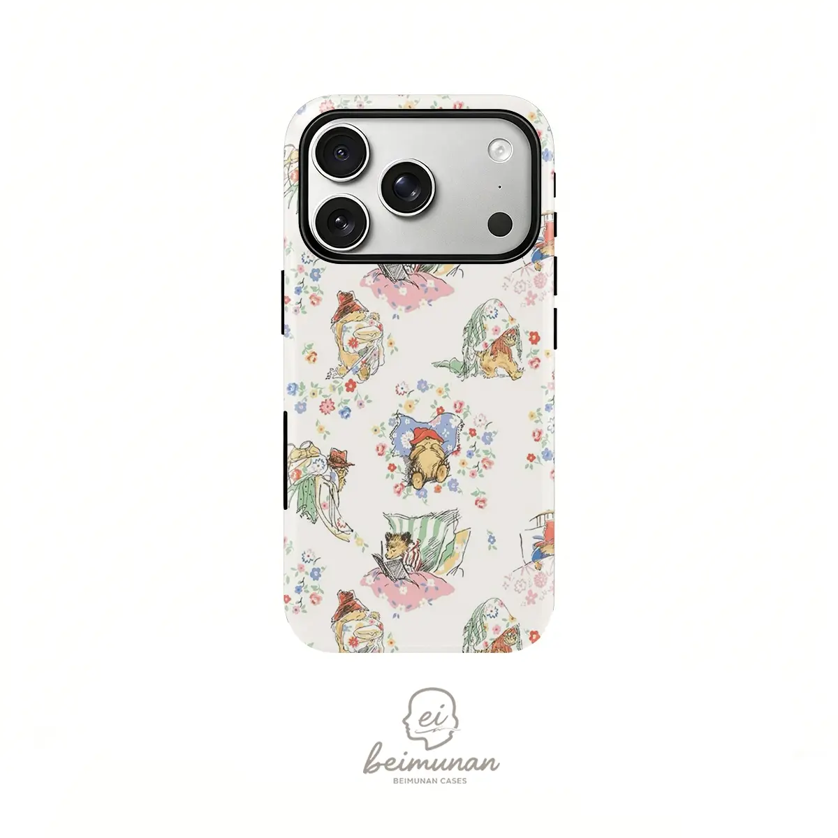 Paddington Bear floral print phone case， sturdy shockproof 2in1 protective shell， for iPhone 17 16 15 14 13 12 11 Pro Max series holiday gift minimalist fashion protective cover
