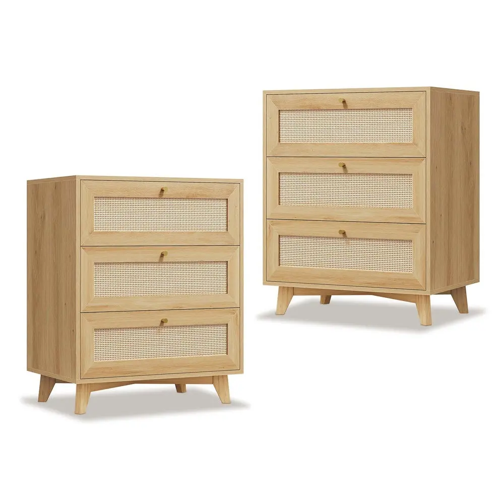 Sikaic 2PCS Rattan Nightstand with Charging Station Boho Bedside Table with 3 Large Wicker Decorated Drawers