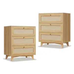 Sikaic 2PCS Rattan Nightstand with Charging Station Boho Bedside Table with 3 Large Wicker Decorated Drawers