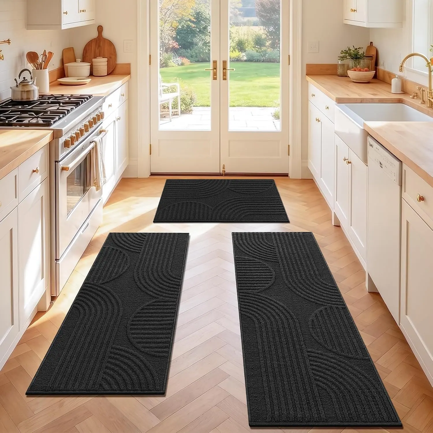 [Back to School] HEBE 3-Piece Machine Washable Soft Kitchen Rugs Set, Non-Slip Polypropylene Low Pile, Absorbent Dirt-Resistant Floor Mats for Entryway, Front of Sink, Machine Washable Rugs, Soft Washable Rugs