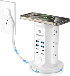 Power Strip Tower, kakyanill Surge Protector Tower 9 AC Outlets 8 USB (4 USB C), 6 Ft Retractable Extension Cord, Charging Station for Office Dorm Room, White