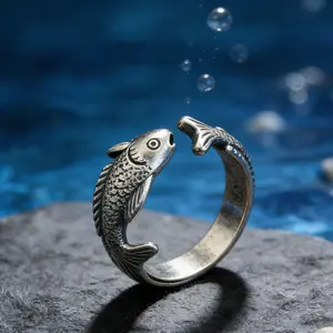 Antique Silver Fish Shaped Adjustable Open Ring Unisex Vintage Textured Minimalist Daily Wear Jewelry Perfect Gift
