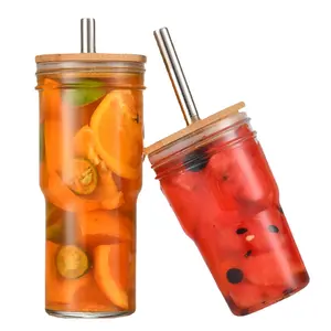 24oz Bamboo Mason Jar Set with Lids & Straws, Geometric Design, Clear Glass Tumbler for Iced Coffee, Juice, Smoothie, Bubble Tea, Soda, Milk, Perfect for Travel & Home Use, Thanksgiving tableware Value Pack Valentine's Day gift Set