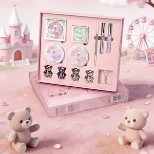 Bear Paradise 12-piece makeup set, all-in-one makeup gift box. It contains eyeshadow, facial contour, blush, lip mud and eyebrow pencil, together with a bear necklace The set is built with a mirror and comes with a free gift bag, perfect as a holiday gift
