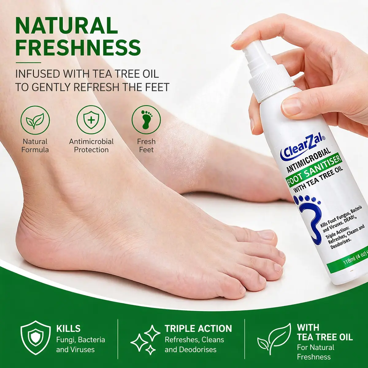 ClearZal Foot Sanitizer Spray with Tea Tree Oil, 4-Ounce Bottle,Shoe Deodorizer & Foot Odor Eliminator Spray,Prevents Embarrasing Odors From Returning,Foot Spray and Shoe Odor Eliminator,Contains natural tea tree oil and aloe vera [YW]