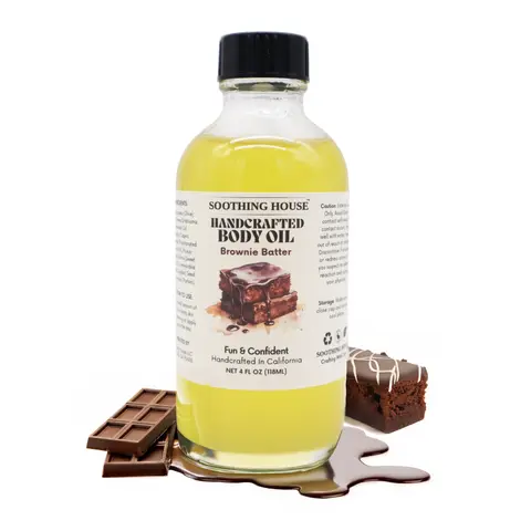 Handcrafted Chocolate Brownie Batter Cosmetics Oil - 4 oz Dry Body Oil with Dropper, Olive-Coconut-Avocado Base, Vanilla Scent, Vitamin-Infused, Dye-Free, Moisturizing Soothing Care for Nails, All Skin Types, In-Shower Bath & Body Care