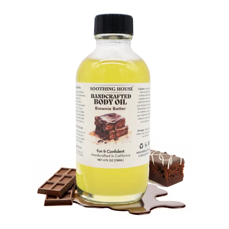 Handcrafted Chocolate Brownie Batter Cosmetics Oil - 4 oz Dry Body Oil with Dropper, Olive-Coconut-Avocado Base, Vanilla Scent, Vitamin-Infused, Dye-Free, Moisturizing Soothing Care for Nails, All Skin Types, In-Shower Bath & Body Care