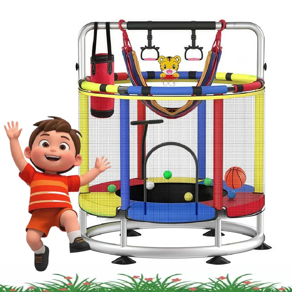 55-Inch Stable Exercise Trampoline for Kids, Nylon Mesh Safety Enclosure, Adjustable Gymnastics Bar, 440 lbs Capacity, 360° Safety Padding, Abundant Toy Gifts, Seamless Design for Toddler Children Development, Indoor Sports Toy, Kids Trampoline