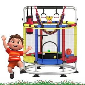 Kids Trampoline 55 Inch with Safety Enclosure, Adjustable Gymnastics Bar, Mini Toddler Trampoline, 440 lb Capacity, Seamless Safety Design for Kids