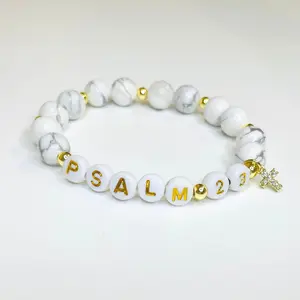 Psalm 23 Beaded Bracelet with Howlite Beads and Zirconia Cross