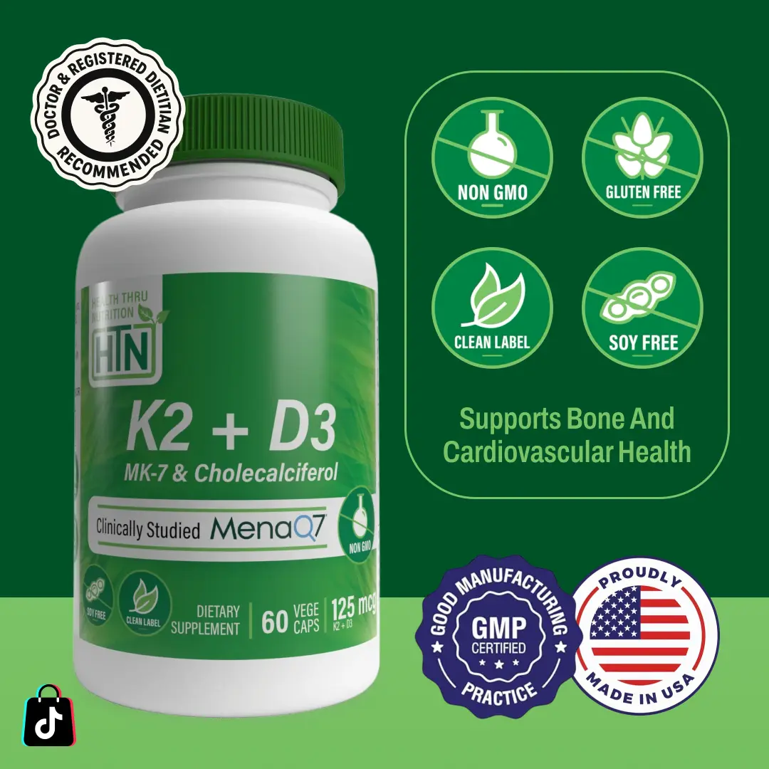 Health Thru Nutrition Vitamin K2 + D3 – 60 Vegecaps | Bone, Heart & Calcium Balance Essential Support