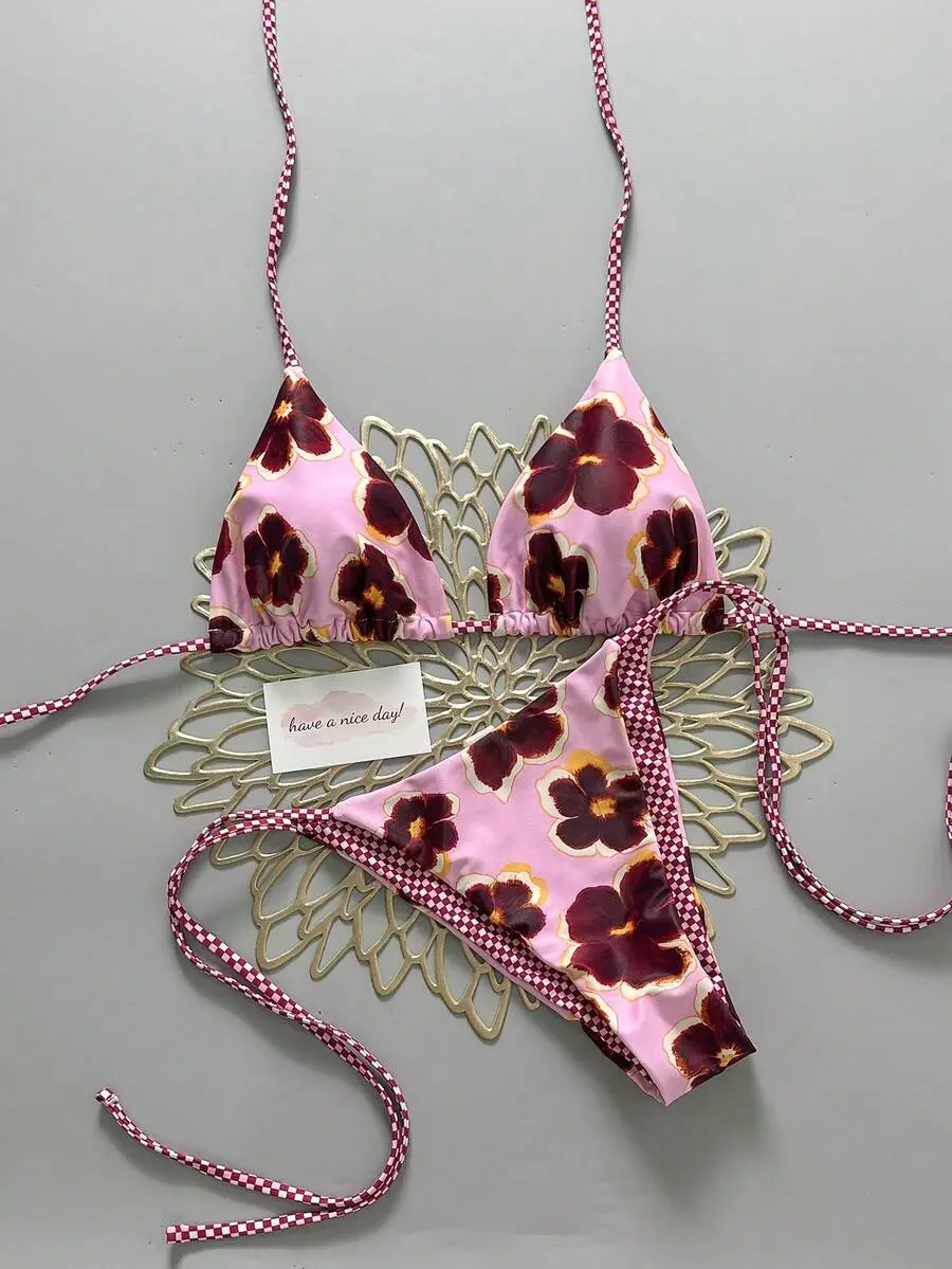 Women's 2-Piece  Colorblock Bikini Swimsuit – Vintage Floral & Plaid Print Swimwear for Beach, Pool & Vacation!!!