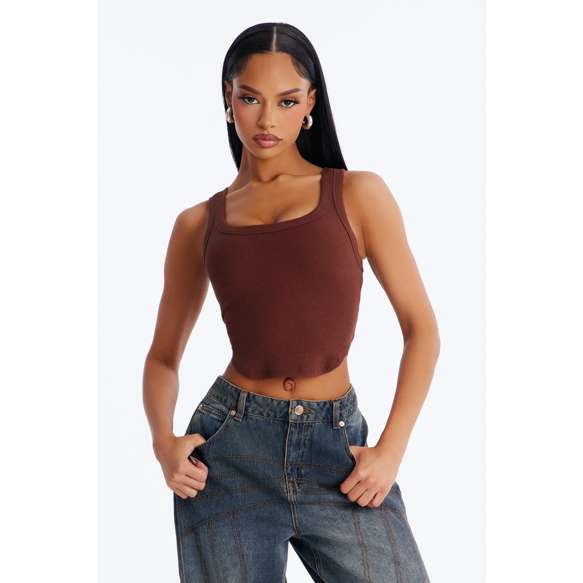 Haily Rib Square Neck Tank Top - Brown