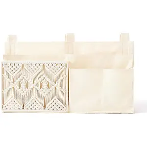 Bedside Caddy Hanging Organizer, Bunk Woven 7 Pockets Bed Storage Bag Boho Remote Magazine Books Holder with Macrame for Loft Bed College Dorm Bedroom Baby Bed Rails, Ivory