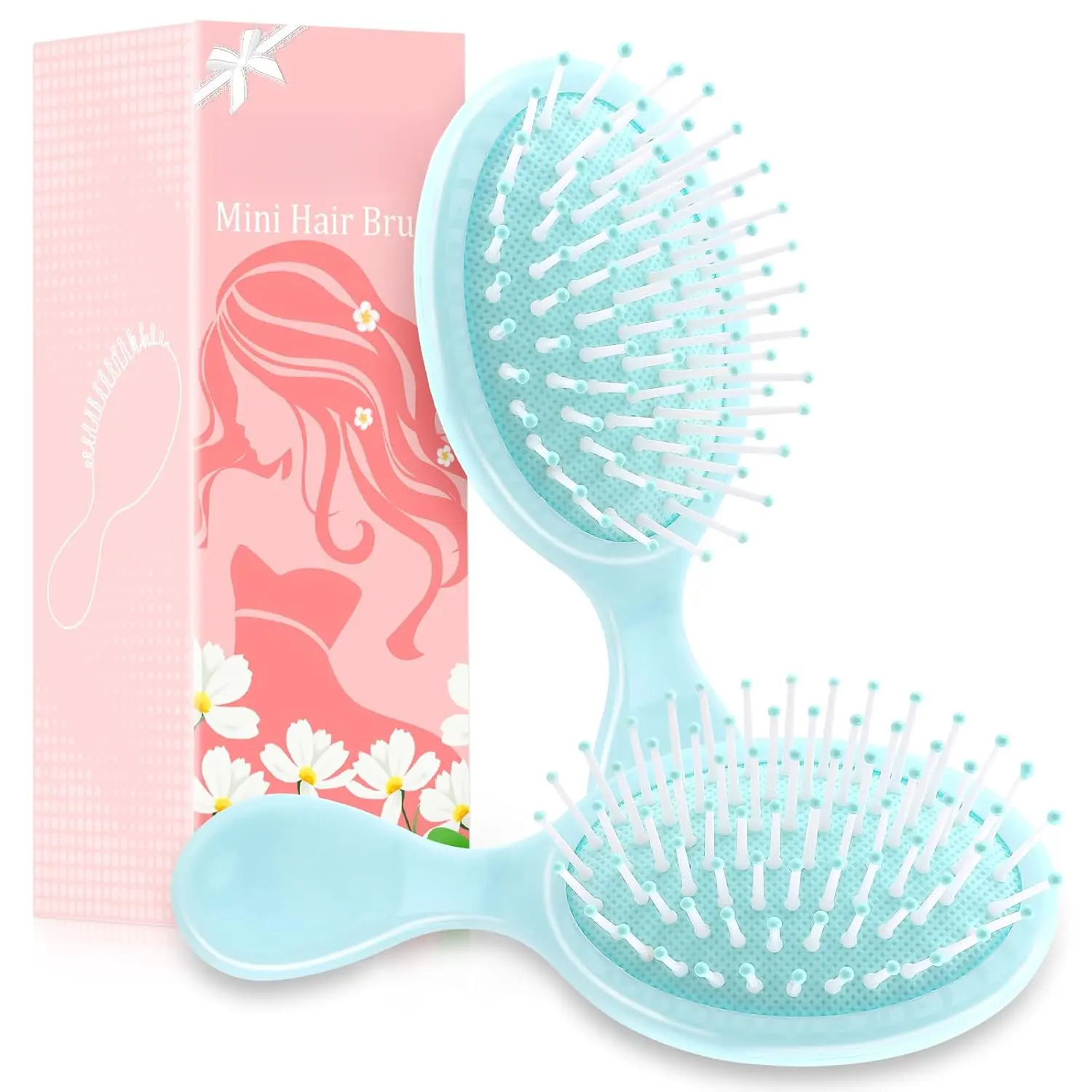 Women's 2-Pack Mini Wet Hair Brushes - Travel-Size, Purse Stuffers, Girly Purse Stuffers, Blue Pocket-Sized Bridesmaid Gifts for Teens, Butterfly Handle Hair Brushes & Combs, Hair Brush Original