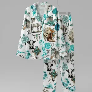 Western Cowgirl Pajama Set, Turquoise Horses, Boots & Cactus Latin Pajamas