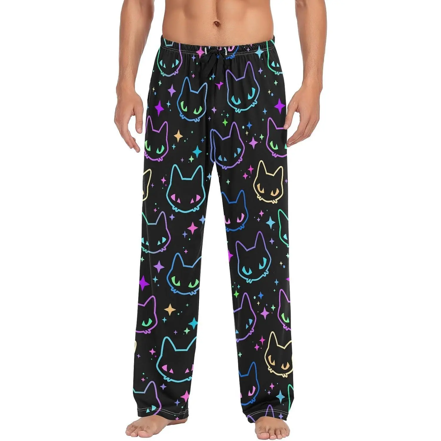 Men's Pajama Pants Super Soft Colorful Neon Cat Heads Sleep Lounge Pants Pjs Bottoms with Pockets