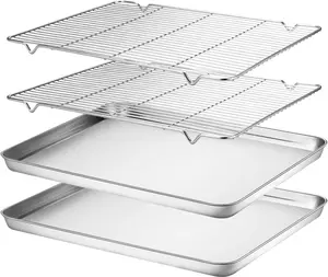 Baking Sheet & Rack Set [2 Sheets + 2 Racks], Stainless Steel Cookie Pan with Cooling Rack, Size 16 x 12 x 1 Inch, Non  & Heavy Duty & Easy Clean