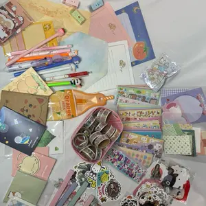 Kawaii Stationery Grab Bag - 25/50/75 Piece Set for Junk Journaling Pen Pal Scrapbooking with Envelopes Letter Sheets Stickers Pens Pencil Case Erasers Washi Tape Notebooks Wax Seal