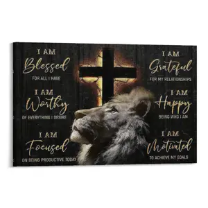 Elegant Black Blessed Lion Canvas Art - 1pc Wooden Framed Inspirational Religious Quote Painting - Majestic Wall Decor for Bedroom Living Room or Office - Ready-to-Hang with Powerful Spiritual Message  - Artistic Hanging - Perfect Gift for Him or Her Vint