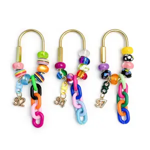 Korean Style Colorful Beaded U-Shaped Keychain – Acrylic Chain Bag Charm with Number Pendant, Cute Dopamine Purse Accessory Trendy Dopamine Beaded Bag Charm – Colorful Acrylic Chain U Keychain with Number Charm, Cute Purse & Backpack Accessory