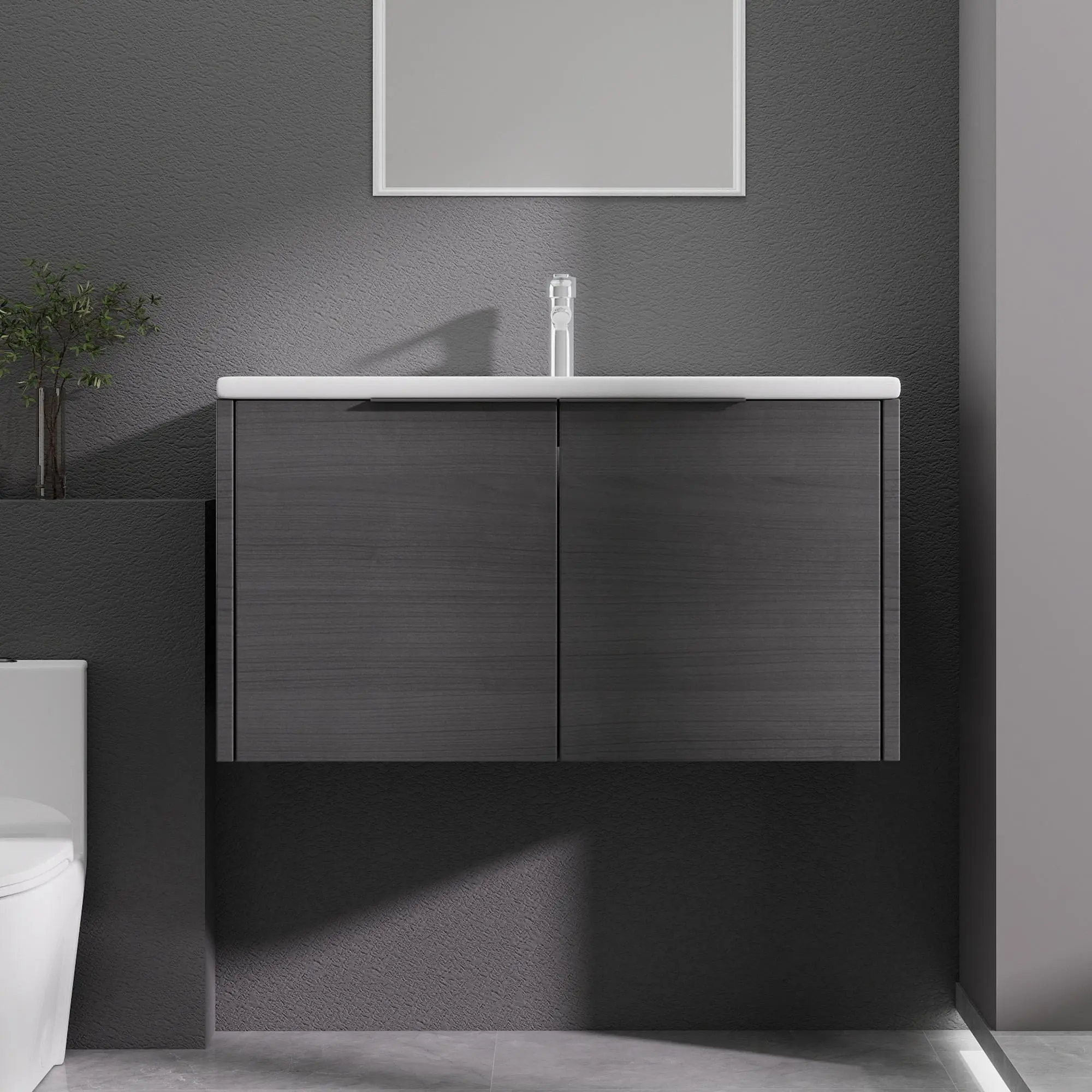 36 Inch Handle‑Less Floating Bathroom Vanity, Wall‑Mount Plywood Cabinet with Integrated Ceramic Sink & Soft‑Close Double Doors for Main Bathroom