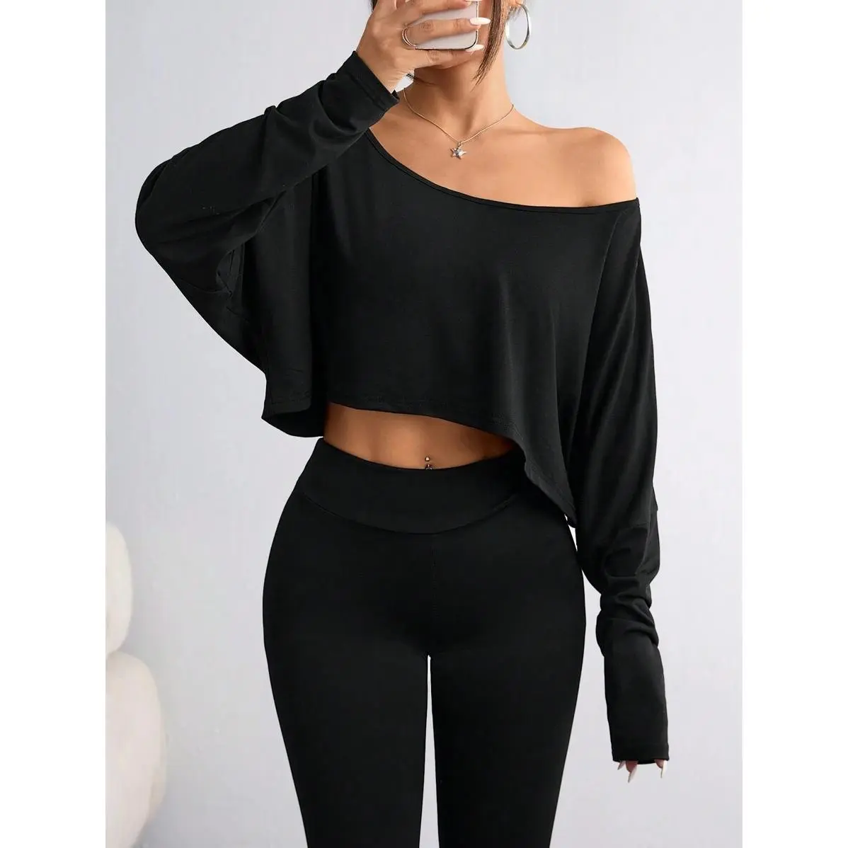 Women's Casual Solid Color Batwing Cropped T-Shirt, Spring/Autumn Fall Cloth For Women