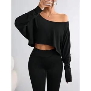 Women's Casual Solid Color Batwing Cropped T-Shirt, Spring/Autumn