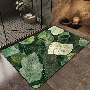 1 pc non-slip quick-drying bathroom mat with 2D green leaf pattern-absorbent flange mat, suitable for bathroom, kitchen, entrance, bedroom-spring and summer garden theme home decoration.