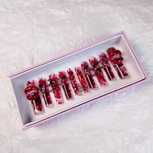 DiDazzle 10 PCS Handmade Duckbill Press - on Nails | Bloody Halloween Glam with Acrylic Red & White Bases, Bloody & Spooky Embellishments & Halloween - Themed Color Hues