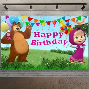 Girl-Mashas-and Bear Theme Girl Child's Birthday Party Background Baby Shower Photography Supplies Banner For Kid Gift Decoration Lightweight Vibrant Colors High-Quality Materials Easy Installation Versatile Large Size Ornaments White