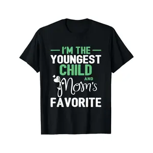 Men's Black 180g Knitted Shortsleeve Round Neck Regular Fit Foldable Graphic T-Shirt - "I'm the Youngest Child and Mom's Favorite" Funny Sibling Humor All-Over Print Streetwear Casual All-Season Top, Graphic T Shirts