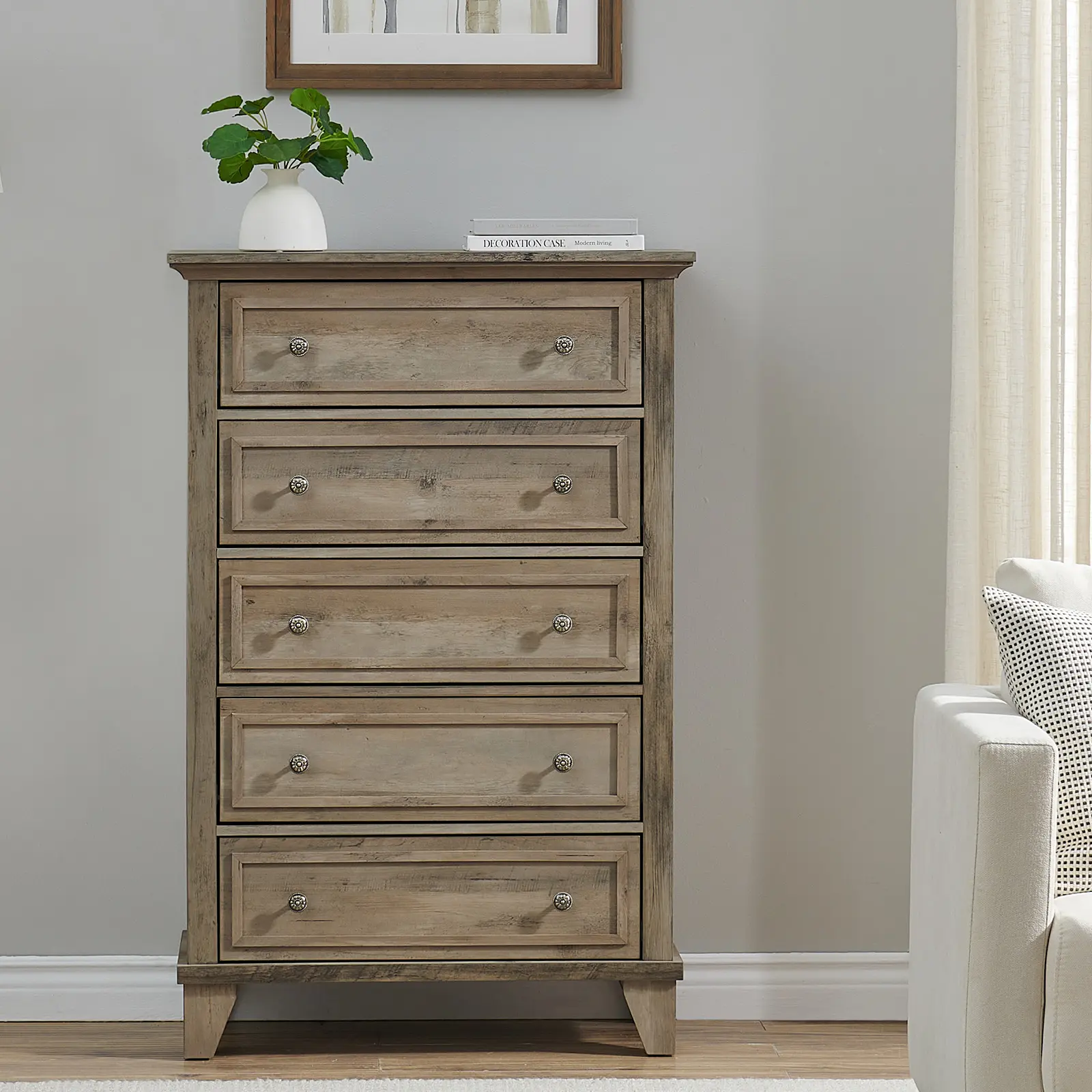 🏠 Style meets safety. 5-Drawer Tall Dresser – Thin but mighty! Anti-Tip Device, Metal Handles – Spacious Wood Chest for Bedroom, Hallway or Home Office ✨