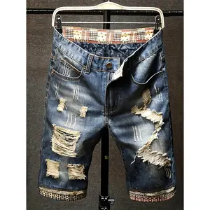 Men's Patched Ripped Denim Shorts, Street Fashion Zipper Fly Pocket Denim Shorts for Summer, Fashion Men's Bottoms for Daily Wear, Distressed Jeans Shorts, Casual Pocket Shorts