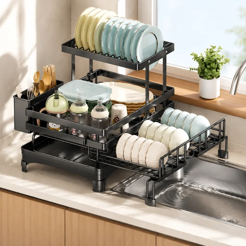 2-Tiered Expandable Over-Sink Dish Drying Rack, Collapsible Storage with Drainboard, Reversible Pull-Out Adjustable Racks, Carbon Steel Kitchen Counter Space-Saver with Easy Installation