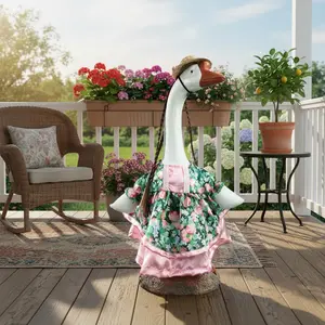 Cute Tulip Print Dress with Fake Hat for Lawn Duck Statue, Summer Porch Decoration, Garden Ornament, Garden Accessories, 23 Inch, Exterior Decorative Statues