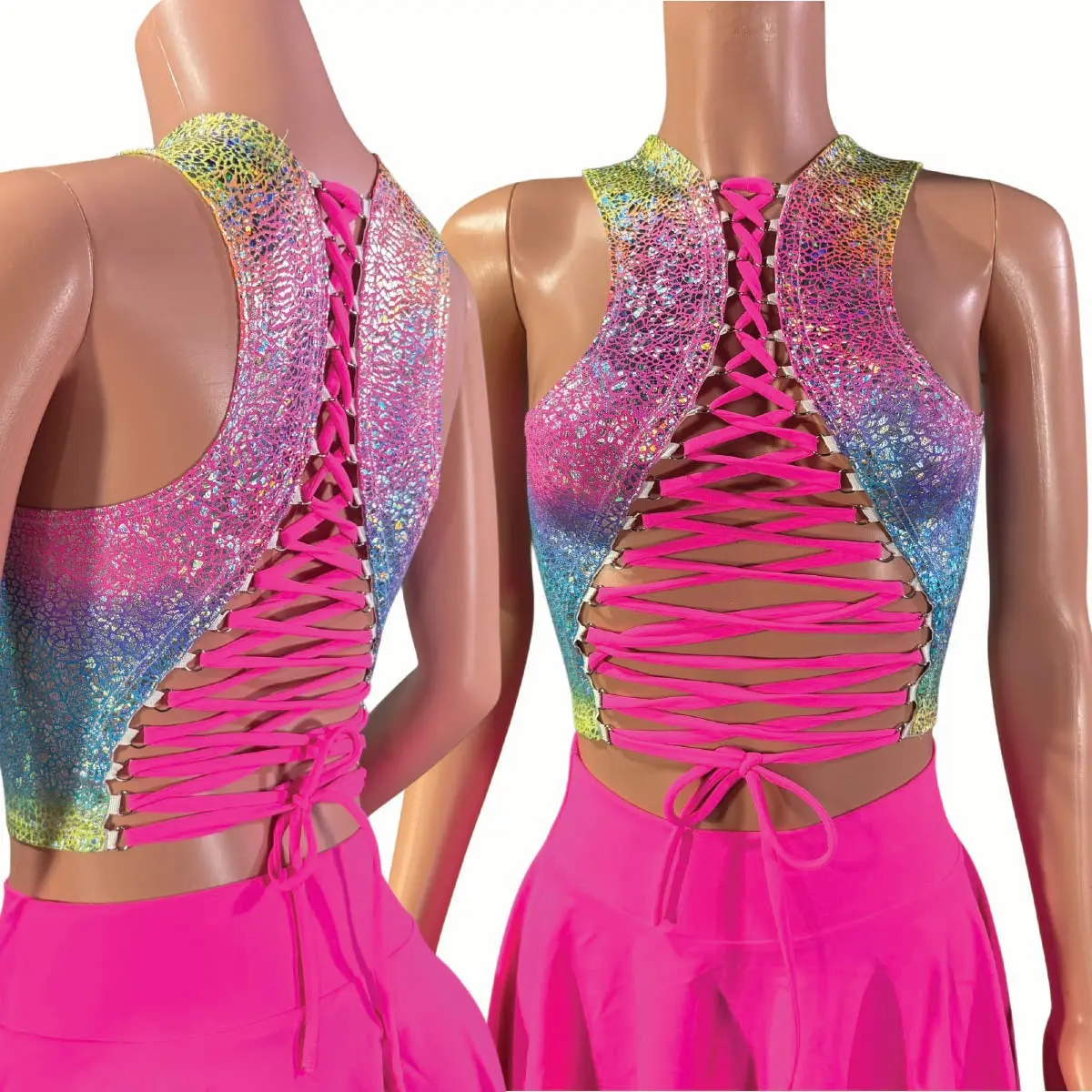 Strappy Top Reversible in Rainbow Avatar - Lace-up Rave or Festival Outfit