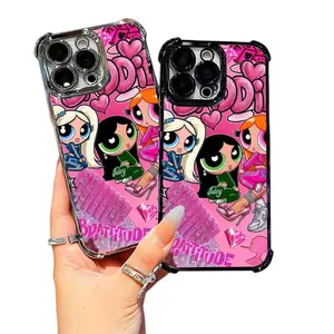 Powerpuff Girls Baddie Aesthetic Phone Case Trendy Cartoon Y2K Diamond Glitter for Teens Girls Women Compatible for iPhone 17Promax 16 15 14 13 12 11 and for Samsung S21-S25