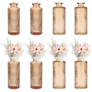 Amber Bud Vase Set of 8, Small Flower Vases for Centerpiece, Ribbed/Relief Vintage Clear Mini Vases in Bulk for Rustic Wedding Floral Home Table