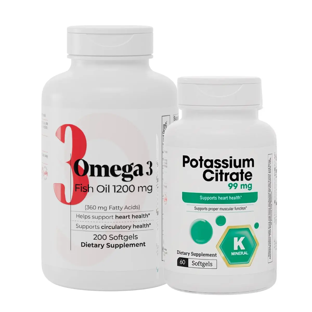 Active Lifestyle Bundle - Omega 3 Fish Oil 1200 mg & Potassium Citrate 99 mg for Muscle Function Hydration & Heart Health, Vitamins, Supplement
