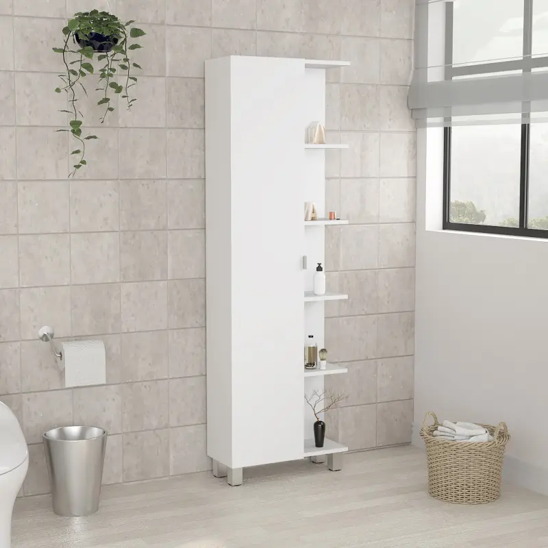 Bellemave Modern Urano Linen Corner Cabinet - Swing-Out Storage Door, 5 External Shelves, 4 Adjustable Interior Shelves, White Home Organizer for Closet - Corner-Mounted, Modern Floor, Stand-Alone, Configurable Cupboards, Corner-Mounted Tall Cupboards