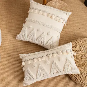 Geometric Embroidered Pillow Cover, Indoor Decoration, All-Season Use, Fringe Trim Design, No Insert Included, Perfect for Home Decor